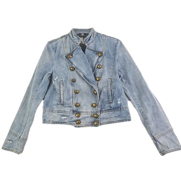 Free People Military Motto Double Breasted Denim Jacket -Size XS-Distressed. - Picture 3 of 16